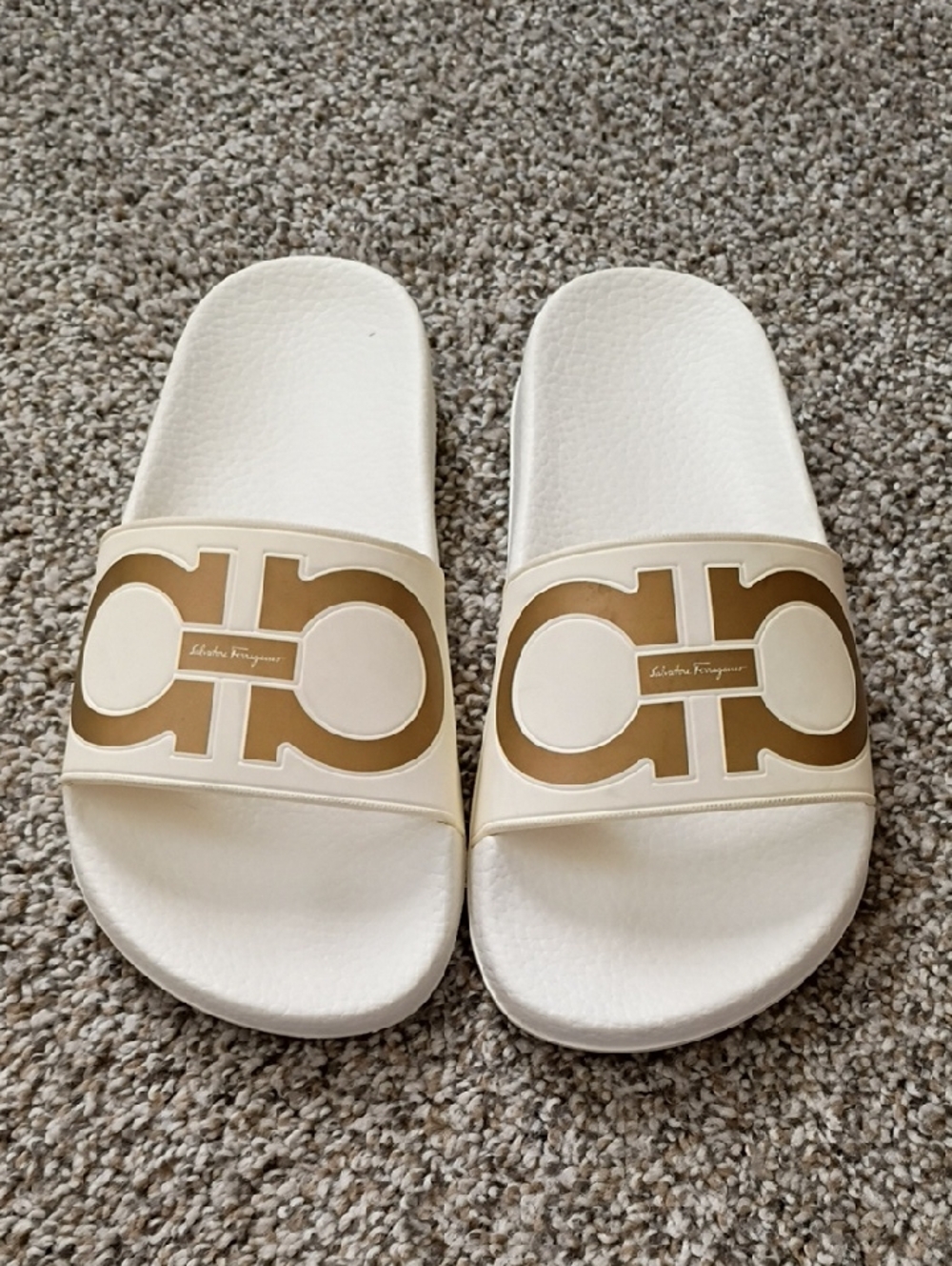 Salvatore Ferragamo Cream and Gold Gancini Slide Sandals
